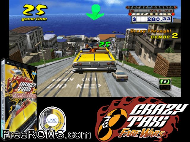 Crazy Taxi - Double Punch (Japan) PSP game showing 3D box cover and gameplay screenshot