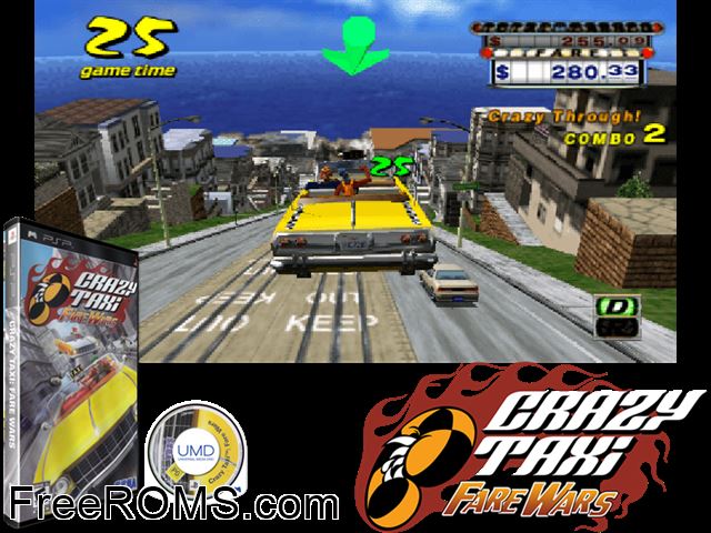 Crazy Taxi - Fare Wars PSP game showing 3D box cover and gameplay screenshot
