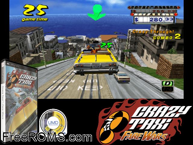 Crazy Taxi - Fare Wars (Europe) PSP game showing 3D box cover and gameplay screenshot