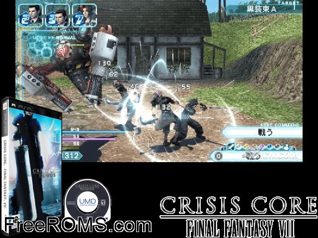 Crisis Core - Final Fantasy VII (France) PSP game showing 3D box cover and gameplay screenshot