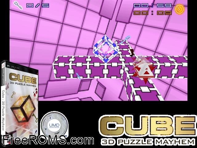 Cube - 3d Puzzle Mayhem (Europe) PSP game showing 3D box cover and gameplay screenshot