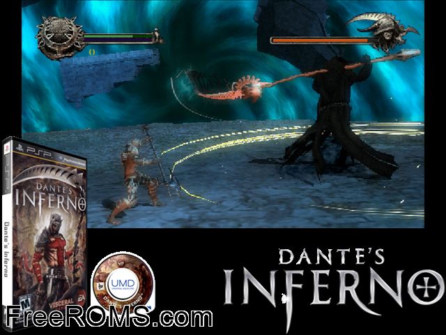 Dante's Inferno (Europe) PSP game showing 3D box cover and gameplay screenshot