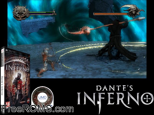 Dante's Inferno (France) PSP game showing 3D box cover and gameplay screenshot