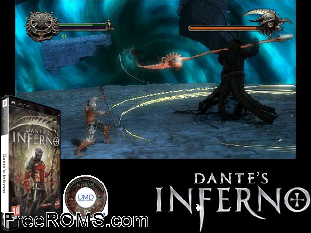 Dante's Inferno (Italy) PSP game showing 3D box cover and gameplay screenshot