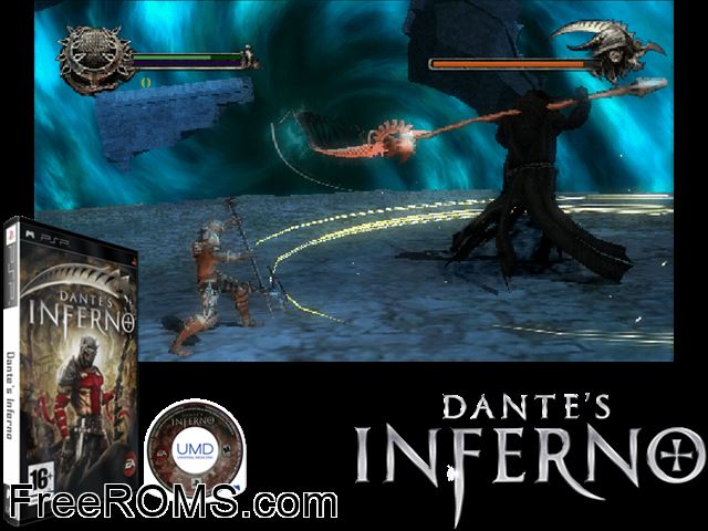 Dante's Inferno (Spain) PSP game showing 3D box cover and gameplay screenshot