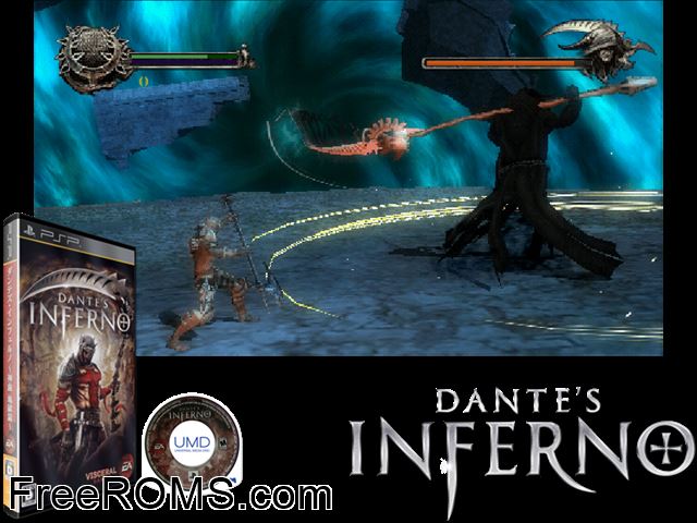 Dante's Inferno - Shinkyoku Jigoku-Hen (Japan) PSP game showing 3D box cover and gameplay screenshot