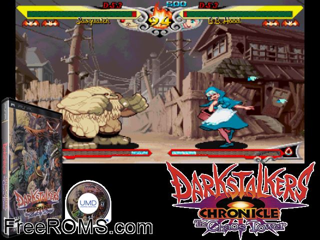 Darkstalkers Chronicle - The Chaos Tower PSP game showing 3D box cover and gameplay screenshot