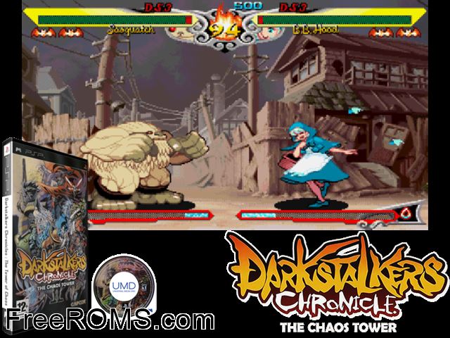 Darkstalkers Chronicle - The Chaos Tower (Europe) PSP game showing 3D box cover and gameplay screenshot