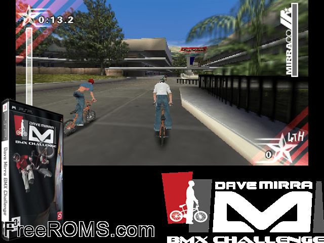 Dave Mirra Bmx Challenge (Europe) PSP game showing 3D box cover and gameplay screenshot