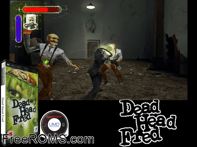 Dead Head Fred PSP game showing 3D box cover and gameplay screenshot