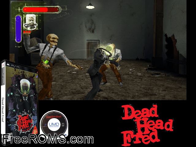 Dead Head Fred (Japan) PSP game showing 3D box cover and gameplay screenshot