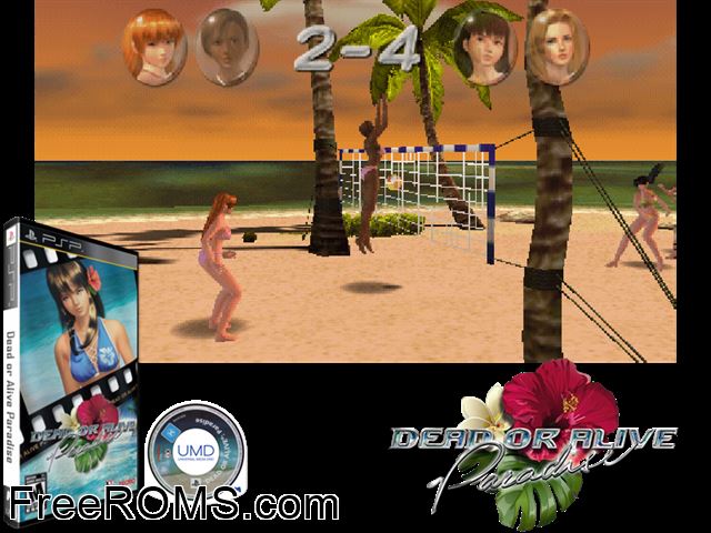 Dead Or Alive Paradise PSP game showing 3D box cover and gameplay screenshot