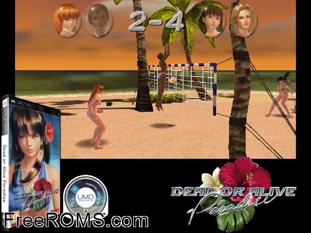 Dead Or Alive Paradise (Europe) PSP game showing 3D box cover and gameplay screenshot