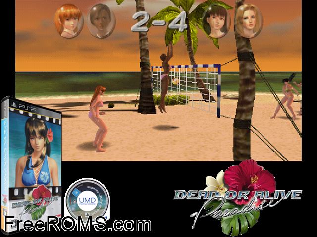 Dead Or Alive Paradise (Japan) PSP game showing 3D box cover and gameplay screenshot