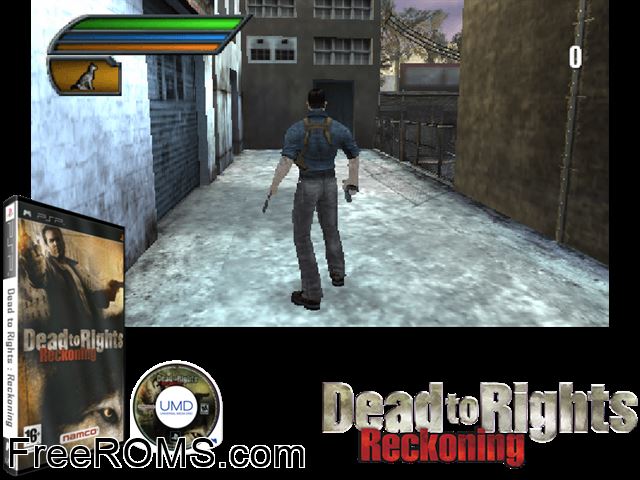 Dead to Rights - Reckoning (Europe) PSP game showing 3D box cover and gameplay screenshot