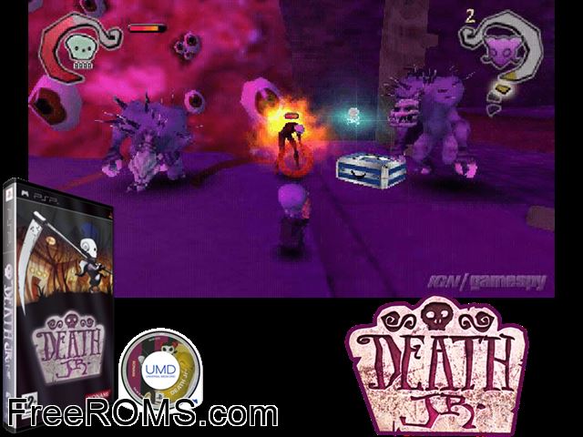 Death Jr. (Europe) PSP game showing 3D box cover and gameplay screenshot