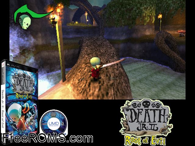 Death Jr. II - Root of Evil PSP game showing 3D box cover and gameplay screenshot
