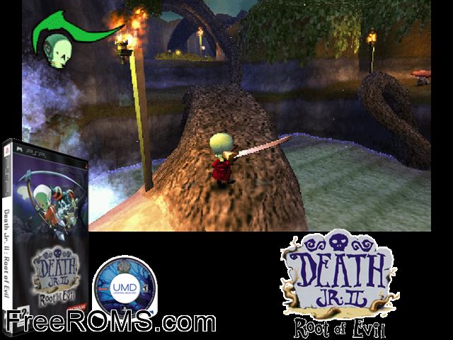 Death Jr. II - Root of Evil (Europe) PSP game showing 3D box cover and gameplay screenshot