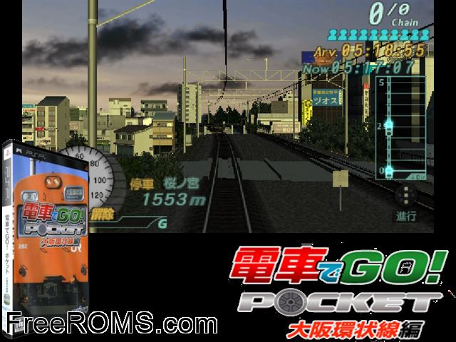 Densha de Go! Pocket - Osaka Kanjousen Hen (Japan) PSP game showing 3D box cover and gameplay screenshot