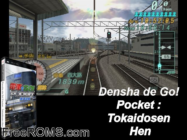 Densha de Go! Pocket - Tokaidosen Hen (Japan) PSP game showing 3D box cover and gameplay screenshot