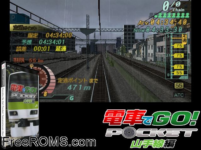 Densha de Go! Pocket - Yamatesen Hen (Japan) PSP game showing 3D box cover and gameplay screenshot