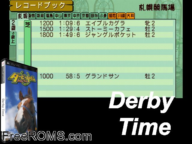 Derby Time (Japan) PSP game showing 3D box cover and gameplay screenshot