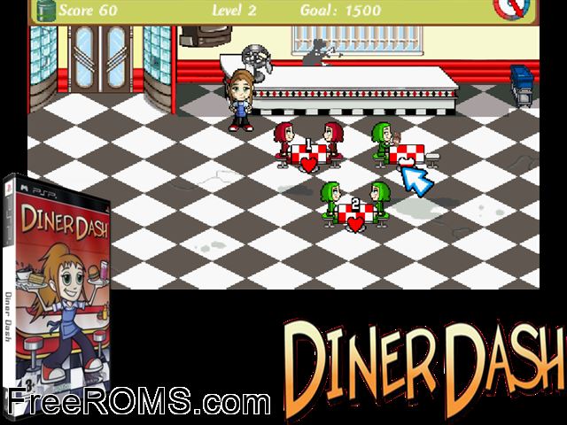 Diner Dash (Europe) PSP game showing 3D box cover and gameplay screenshot