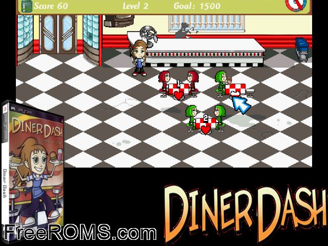 Diner Dash - Sizzle and Serve PSP game showing 3D box cover and gameplay screenshot