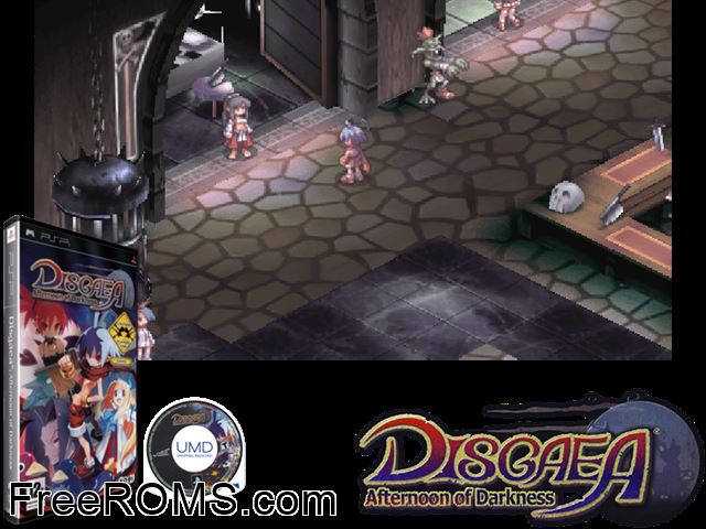 Disgaea - Afternoon of Darkness (Europe) PSP game showing 3D box cover and gameplay screenshot