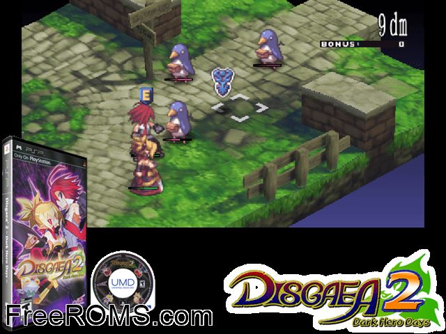 Disgaea 2 - Dark Hero Days (Europe) PSP game showing 3D box cover and gameplay screenshot