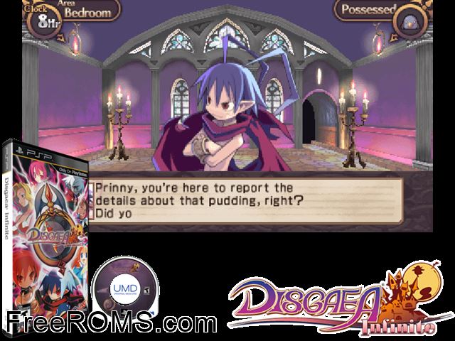 Disgaea Infinite PSP game showing 3D box cover and gameplay screenshot