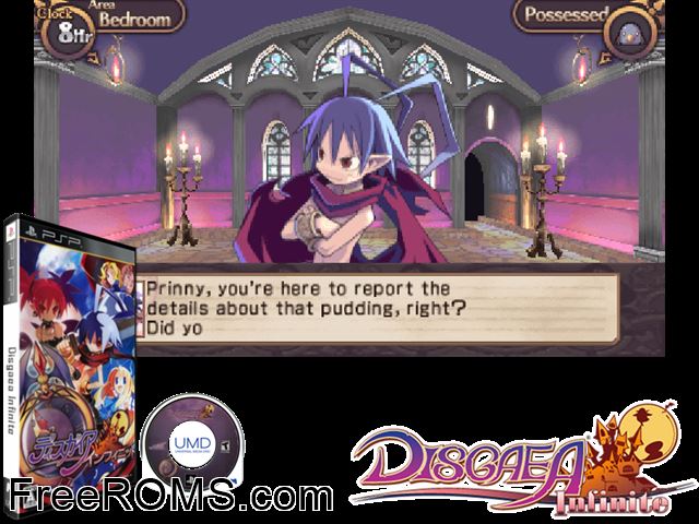 Disgaea Infinite (Japan) PSP game showing 3D box cover and gameplay screenshot
