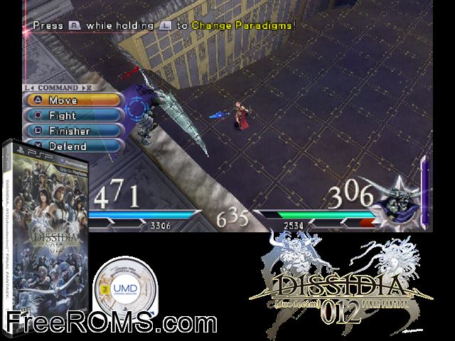 Dissidia 012 - Duodecim Final Fantasy (China) PSP game showing 3D box cover and gameplay screenshot