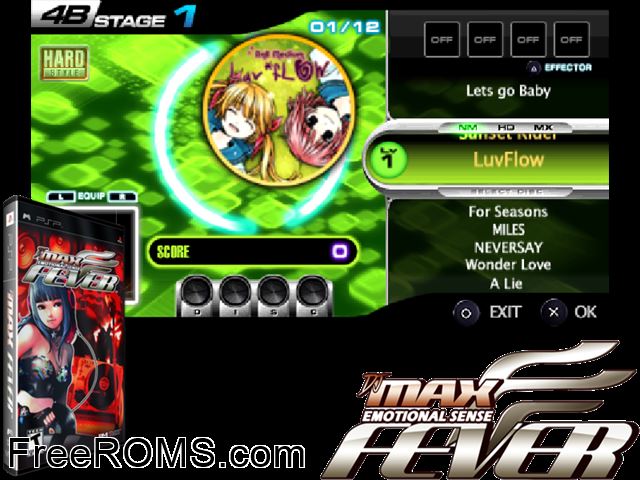 DJ Max Emotional Sense - Fever PSP game showing 3D box cover and gameplay screenshot
