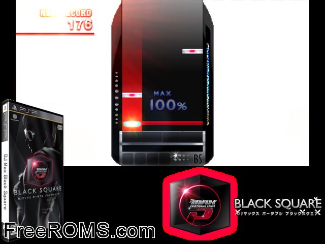 DJ Max Portable - Black Square (Japan) PSP game showing 3D box cover and gameplay screenshot