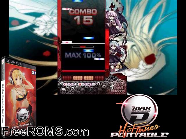 DJ Max Portable Hot Tunes (Korea) PSP game showing 3D box cover and gameplay screenshot