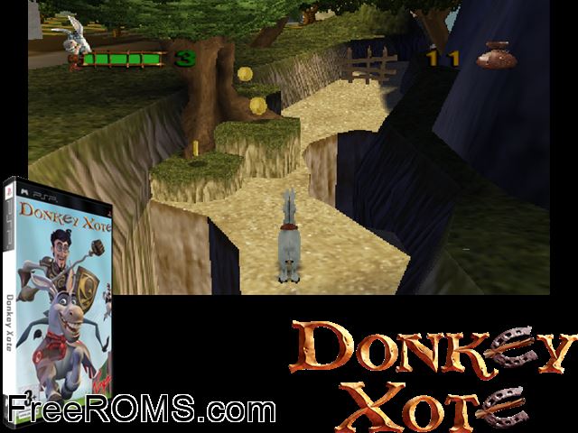 Donkey Xote (Europe) PSP game showing 3D box cover and gameplay screenshot