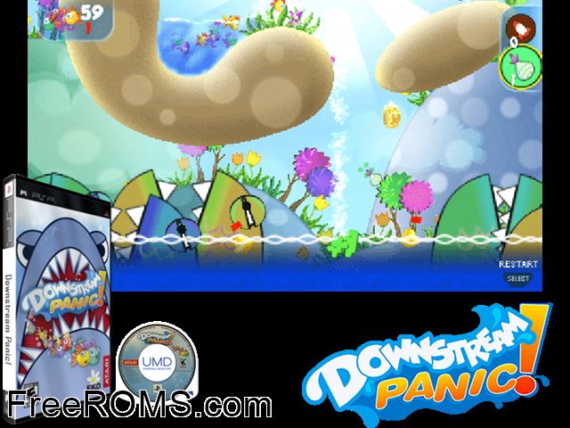 Downstream Panic! PSP game showing 3D box cover and gameplay screenshot