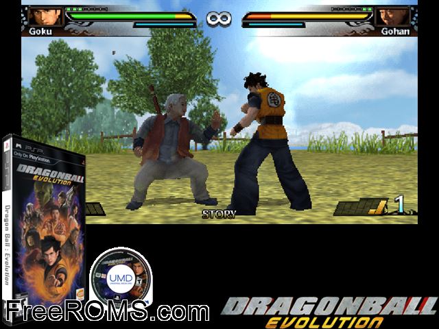 Dragon Ball Evolution PSP game showing 3D box cover and gameplay screenshot