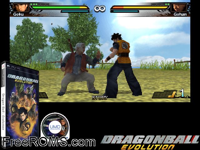Dragon Ball Evolution (Europe) PSP game showing 3D box cover and gameplay screenshot