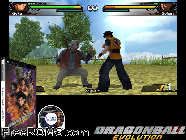 Dragon Ball Evolution (Japan) PSP game showing 3D box cover and gameplay screenshot