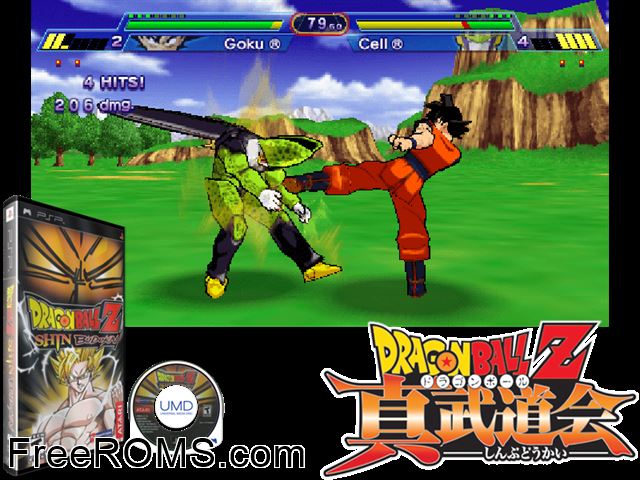 Dragon Ball Z - Shin Budokai PSP game showing 3D box cover and gameplay screenshot