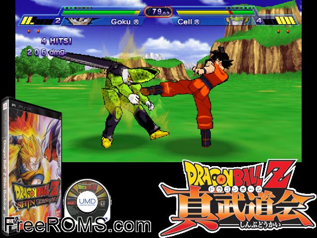 Dragon Ball Z - Shin Budokai (Europe) PSP game showing 3D box cover and gameplay screenshot