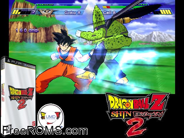 Dragon Ball Z - Shin Budokai 2 (Japan) PSP game showing 3D box cover and gameplay screenshot