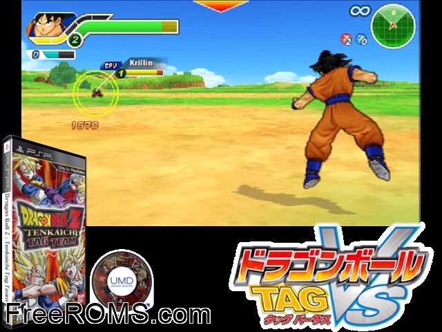 Dragon Ball Z - Tenkaichi Tag Team (Europe) PSP game showing 3D box cover and gameplay screenshot