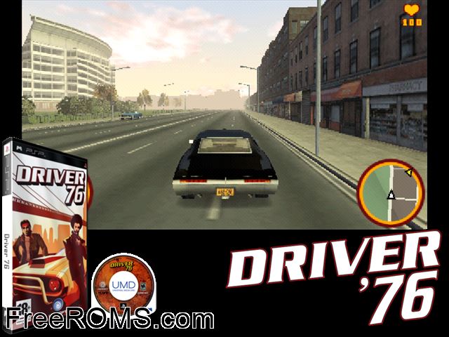 Driver 76 (Europe) PSP game showing 3D box cover and gameplay screenshot