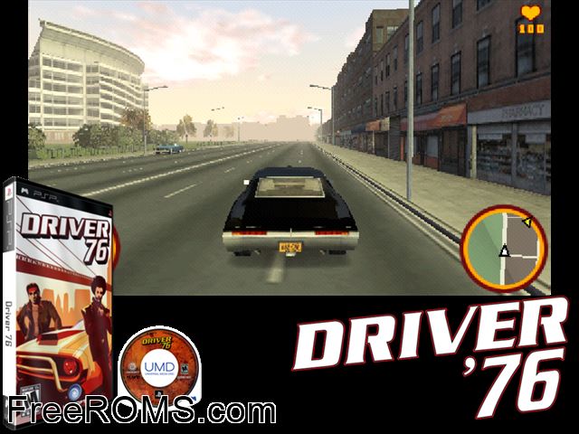 Driver 76 (Usa) PSP game showing 3D box cover and gameplay screenshot