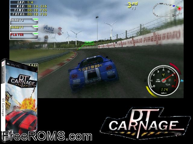 DT Carnage PSP game showing 3D box cover and gameplay screenshot