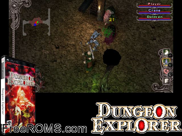 Dungeon Explorer (Europe) PSP game showing 3D box cover and gameplay screenshot