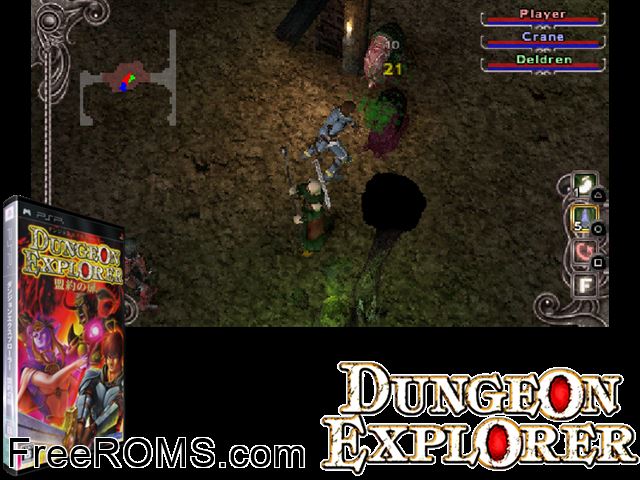 Dungeon Explorer - Meiyaku no Tobira (Japan) PSP game showing 3D box cover and gameplay screenshot